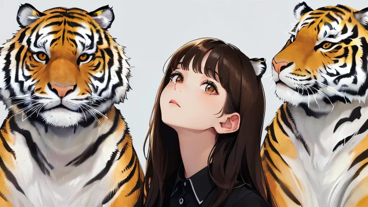 (((Looking up)))、(((Tiger ears)))、((1 person)),Masterpiece,best quality, (())), ,(())、(())、((Expressionless)),determined expression, Upper body diagram、 (Highest Resolution、Clear_image)、Best Quality、Light and shadow contrast、((illumination))、Very detailed、...