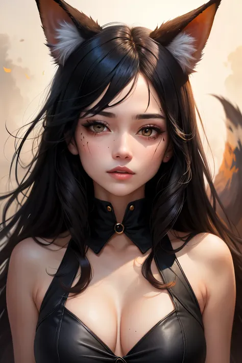 woman with dead white eyes, black hair and fox ears