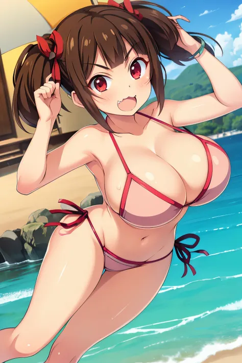 ((machiya yuina,pastel memories,(huge breasts),twintail,fang,blunt bangs,brown hair,red eyes,tsurime)),(bikini,beach,smile,blush,sweat:1)