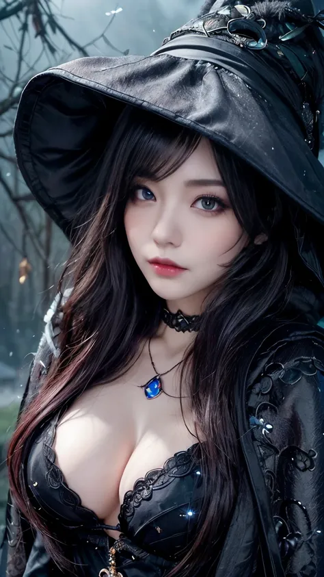 (Fatal Beauty,A charming villain,witch) ,(A supple and powerful physique),(Sensual charm),(Mysterious charm:1.1),(Captivating silhouette),((((Rainbow Eyes))))、((((big sapphire necklace))))、(Highest quality,High resolution:1.2),(dark,Threatening:1.1),((dark...