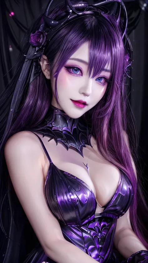 Esoteric arachnids lady, Spider Queen Elise, League of Legends, Esoteric arachnids, Combat Stance, ( The body is made of metallic mauve and metallic black liquid metallic paint.、It beautifully depicts the female form.。), Long, sharp fangs, nature, ((Comple...