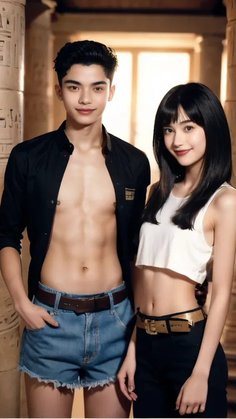 244 (An 18-year-old female and an 18-year-old male), short hair,kind, lipstick, Egyptian civilization, Waist belt, Hieroglyphics, smile