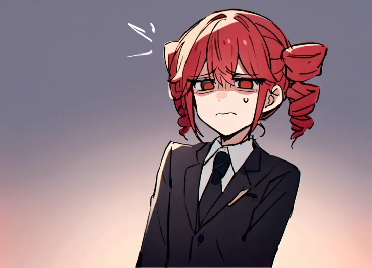 Red hair、Black Suit、Sad expression、apologize