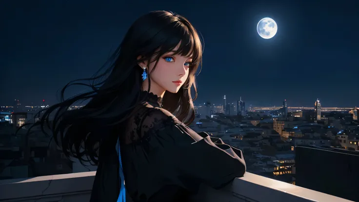 ultra-detailed, beautiful eyes, detailed eyes, detailed face, ultra-detailed, beautiful eyes, Black medium hair, high angle shot, Woman with beautiful blue eyes, looking at the city nightscape on a lonely night, profile, black casual loose-fitting dress, l...