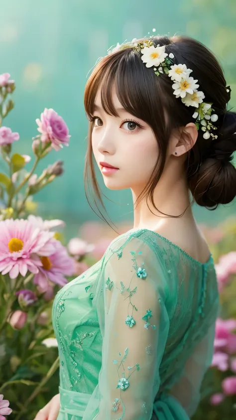 Beautiful anime-style young woman、With a hairstyle decorated with flowers、The background is an elegant green color。The woman&#39;s expression is captivating、The eyes are big and shining。Wearing a black leather jacket、Delicate petals adorn her face and hair...