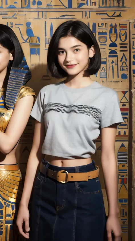 245 Inside the mural２people(18 year old female and 18 year old male), short hair,kind, lipstick, Egyptian civilization, Belt on waist, hieroglyph, smile