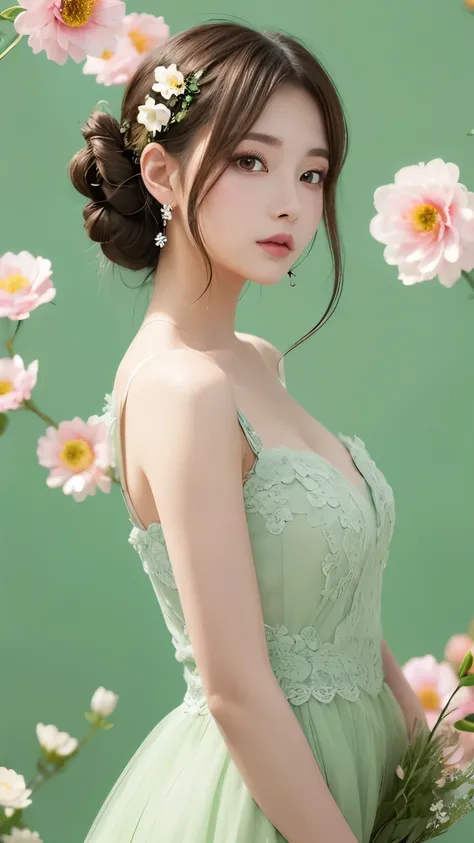 Beautiful anime-style young woman、With a hairstyle decorated with flowers、The background is an elegant green color。The woman&#39;s expression is captivating、The eyes are big and shining。Wearing a black leather jacket、Delicate petals adorn her face and hair...