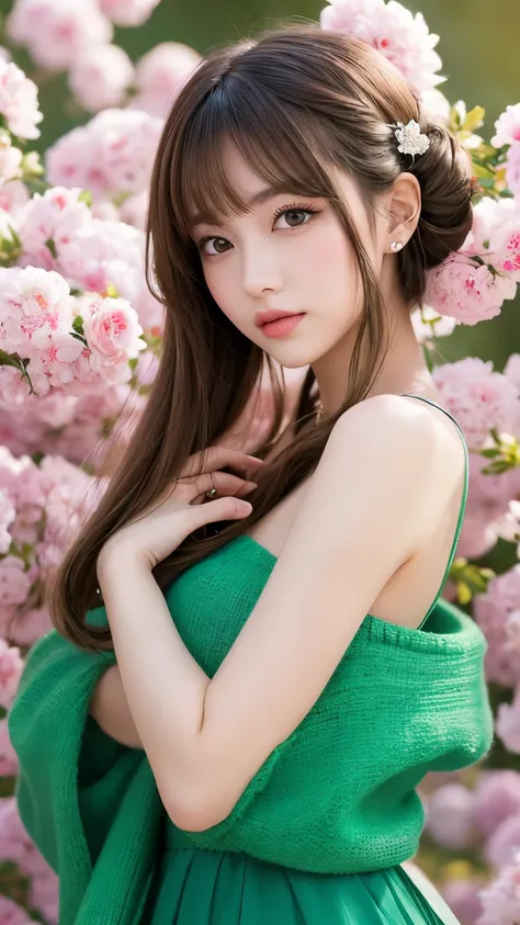 Beautiful anime-style young woman、With a hairstyle decorated with flowers、The background is an elegant green color。The woman&#39;s expression is captivating、The eyes are big and shining。Wearing a black leather jacket、Delicate petals adorn her face and hair...