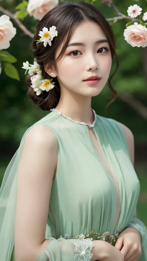 Beautiful young woman、With a hairstyle decorated with lots of flowers、The background is an elegant green color。The woman&#39;s expression is captivating、The eyes are big and shining。Wearing a black leather jacket、Delicate petals adorn her face and hair.。Th...