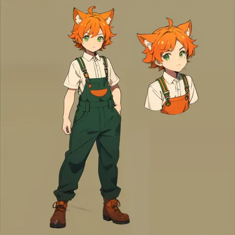 orange hair, green eyes, boy,femboy, animal ears, cute, full body, overalls