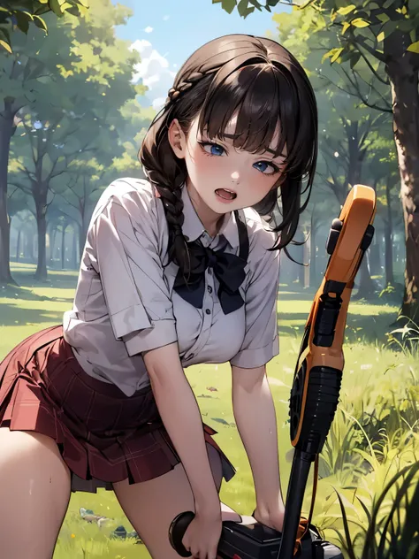 (((round face))), drooping eyes, shame, a young housewife, (ecstasy face, lewd girl), (standing and straddling to hit her crotch against a vibrating grass trimmer handle, masturbating with complete concentration, hiding crotch with skirt), spread legs, bra...