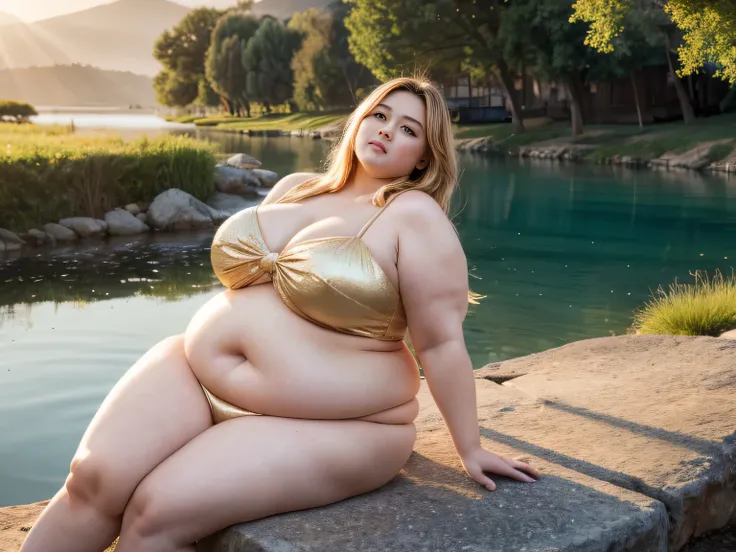 Rule_of_thirds, 1 girl, (extremely obese):1.3, (obese belly):2, (obese legs):1.3, fat rolls, SSBBW Adeline body, Serene expression, mesmerizing eyes, gorgeous supermodel face, straight long blonde hair, flowing dress, porcelain skin, subtle blush, crystal ...