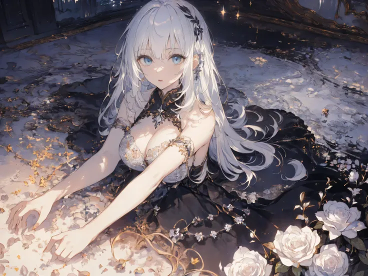 (Landscape photo, with a woman in the bottom right of photo:1.5, in white garden:1.5), Masterpiece, best quality, (very detailed CG unity 8k wallpaper), (best quality), High definition RAW color art, Animation,sculptures, (black Marble Skin), (((Ultra deta...