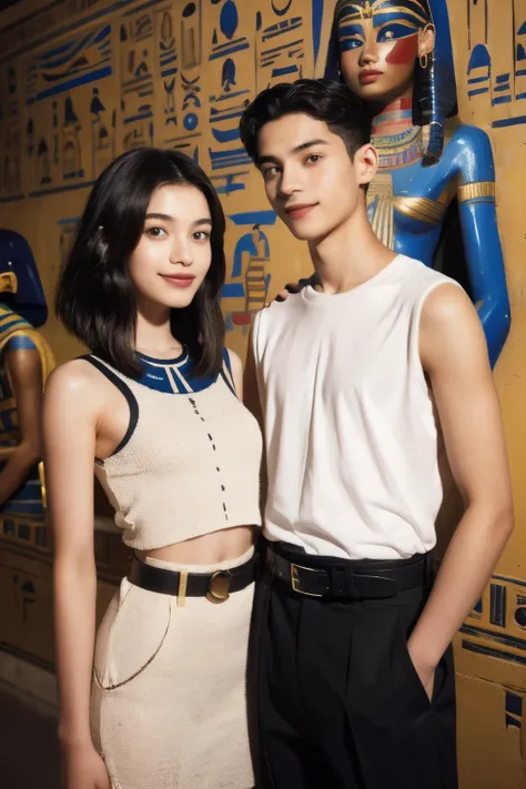 245 Inside the mural２people々(An 18-year-old female and an 18-year-old male), short hair,kind, lipstick, Egyptian civilization, Waist belt, Hieroglyphics, smile