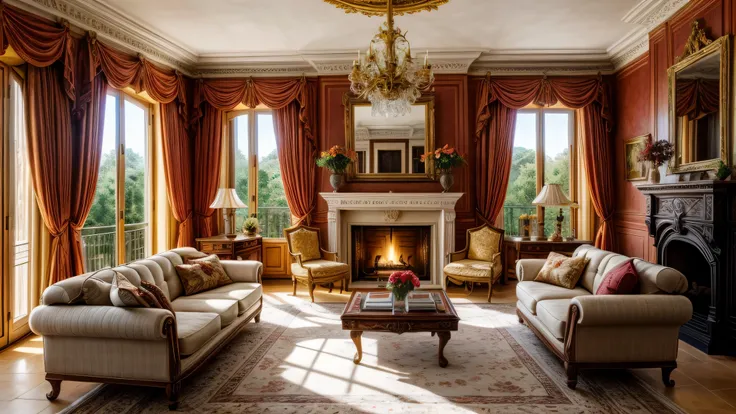 A bright living room in a Baroque-style villa with a large panoramic floor-to-ceiling window, a lit fireplace, simple Baroque-style decorative paintings, and simple wooden furniture.