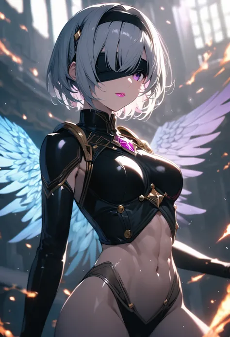 (One girl, alone, alone), (yorha no.2 Type B, 2B, One girl, alone, short hair, Gray Hair, hair band, Blindfold, eyes covered, black Blindfold), ((alone, (1 Female,Pink lipstick), Very detailed , Soft indirect lighting, 4K, Perfect Eyes, Perfect Face, Perfe...