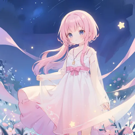 complex background, wishing star background, a woman wearing an ethereal mystical pink translucent dress that reflects the stars, dreamy, peaceful, serene composition, glowing stars, glowing, mystic, complex drawing, highly detailed, ethereal, starry night...