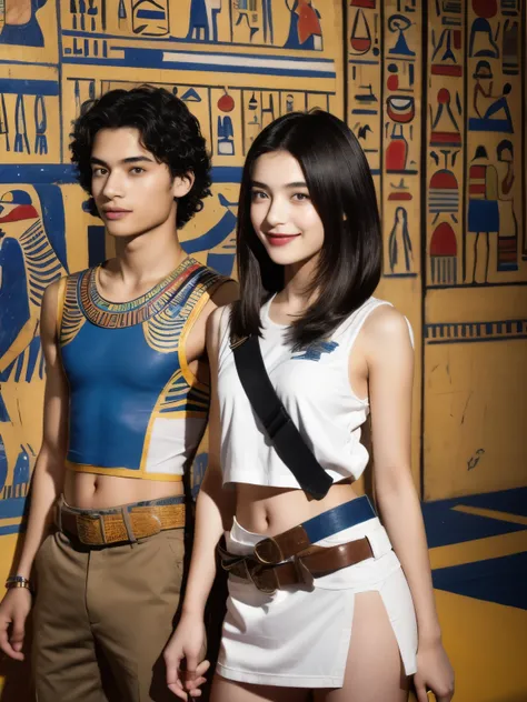 245 Inside the mural２people々々(An 18-year-old female and an 18-year-old male), short hair,kind, lipstick, Egyptian civilization, Waist belt, Hieroglyphics, smile