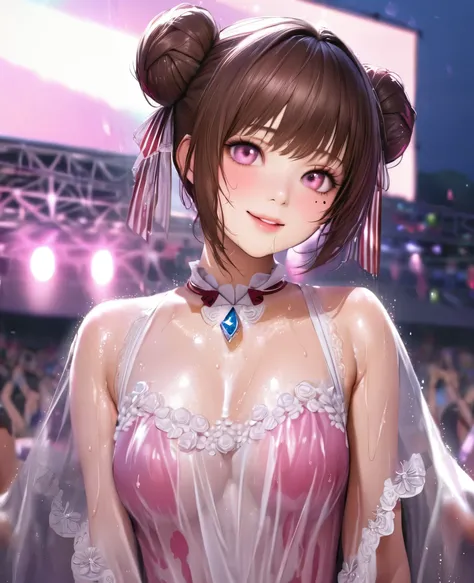 One Girl、Looking at the audience、lovely,
Beautiful pink eyes、Two brown double hair buns , Mole under the eye、Plump and glossy lips、Heart-shaped choca、Idol、Her name is Rico,smile、ー、。.。.。.。.。.。.。.。.。.。.。.。.。.。.。.。.。.。.3D、Realistic、
The idols costume was soak...