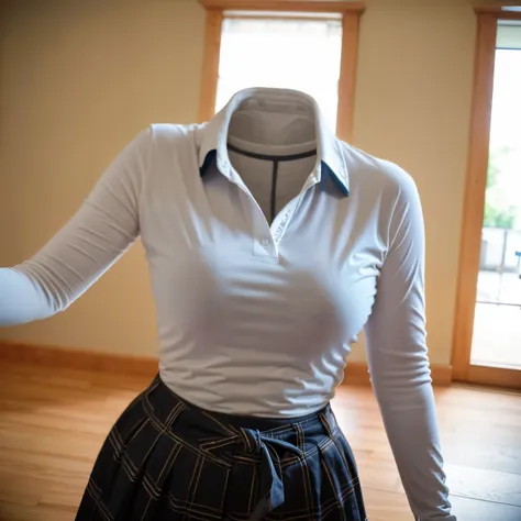 polo shirt, plaid skirt, from above, long sleeve, kabedon pov, fat, cute big breasts, (invisible, no human, headless, handless:1.5), (8k, RAW photo, best quality, masterpiece:1.2), (realistic, photo-realistic:1.37), photon mapping, radiosity, ((Hasselblad ...