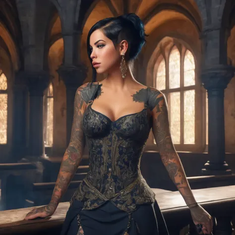 prompt: "black hair, princess, frills, standing, short hair, featuring laurence bedard with her signature tattoos, in a medieval...