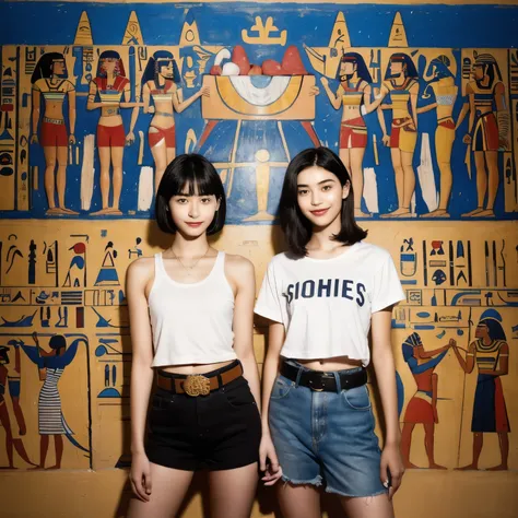 245 Inside the mural２people々々々(An 18-year-old female and an 18-year-old male), short hair,kind, lipstick, Egyptian civilization, Waist belt, Hieroglyphics, smile