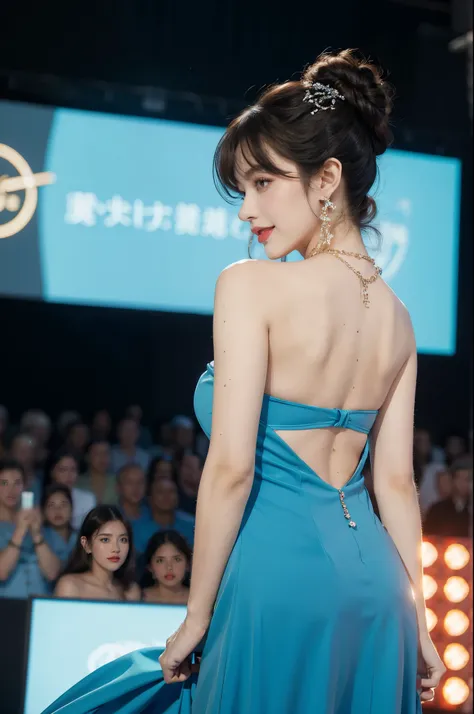 1girl,bangs,bare shoulders,necklace,strapless blue dress,detailed background,detailed eyes,brown hair,earrings,upper body,jewelry,slim,bare back,messy hair,looking at viewer,makeup,night scene,red lips,signature,laughing,solo,standing,On the T-stage,catwal...