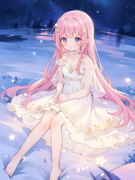 complex background, wishing star background, a woman wearing an ethereal mystical pink translucent dress that reflects the stars, dreamy, peaceful, serene composition, glowing stars, glowing, mystic, complex drawing, highly detailed, ethereal, starry night...