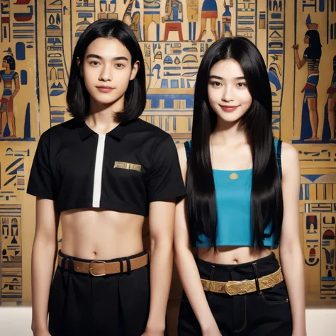 245 Inside the mural２people々々々(An 18-year-old female and an 18-year-old male), short hair,kind, lipstick, Egyptian civilization, Waist belt, Hieroglyphics, smile