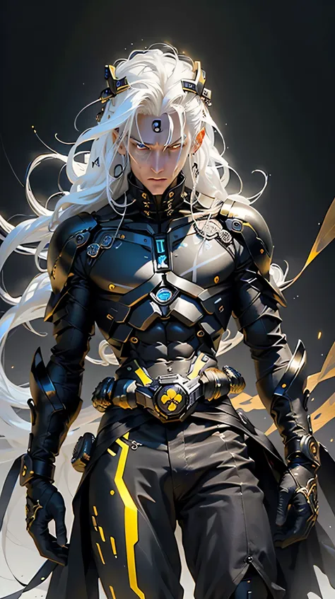 Generate an image of a detailed extreme close-up of a handsome cybernetic male angel , with long straight white hair and super fined detail radiant gold/black eyes color combination with intricate engraved golden marking on his face , smirking expression t...