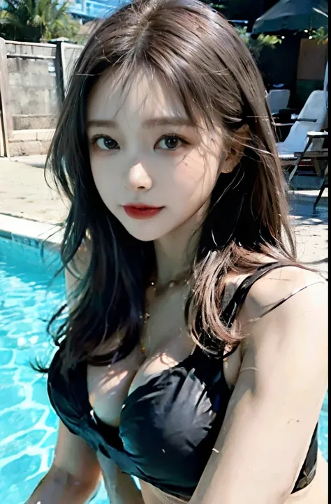 ((Highest quality、8k、masterpiece:1.3))、Beautiful girl、1 female、Big Tits:1.3、Slim figure:1.1、Toned Abs、A happy smile、Dark brown hair、(Pool、Swimwear:1.1)、Ultra detailed face、Detailed lips、Detailed eyes、double eyelid、Dynamic Pose、Esbian all over