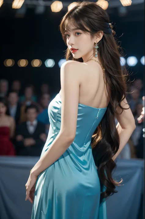 1girl,bangs,bare shoulders,necklace,strapless blue dress,detailed background,detailed eyes,brown hair,earrings,upper body,jewelry,slim,bare back,messy hair,looking at viewer,makeup,night scene,red lips,signature,laughing,solo,standing,On the T-stage,catwal...