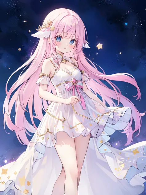 complex background, wishing star background, a woman wearing an ethereal mystical pink translucent dress that reflects the stars, dreamy, peaceful, serene composition, glowing stars, glowing, mystic, complex drawing, highly detailed, ethereal, starry night...