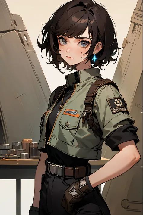 (high-quality, breathtaking),(expressive eyes, perfect face) Symmetrical Eyes, portrait, Star Wars Universe, 1girl, female, adult, mechanic, punk jacket, shirt, short sleeved, gloves, pants, belt, wrench, crystals, messy hair, black hair color, brown eye c...