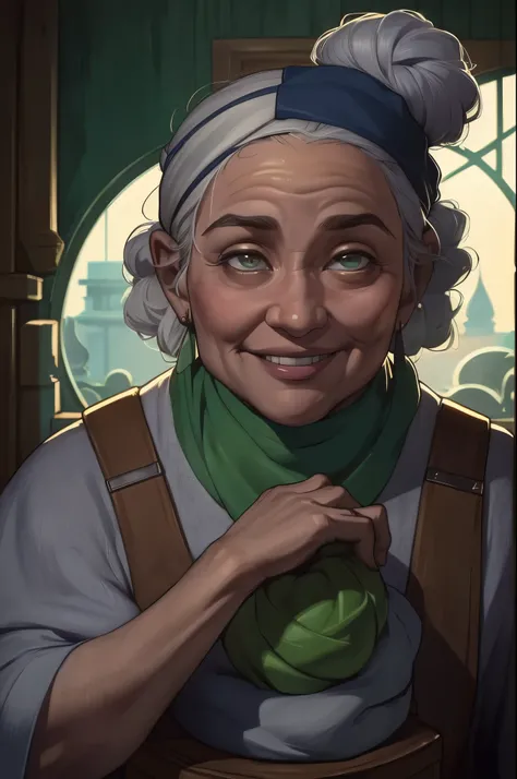 Clementine Appleseed, Grocer, ((Female Dwarf)), (((elder, old woman))), determined, ((excited smile)), thick lips, grey hair tied back into a tight bun, dark green eyes. 4ft. 1″, well-fed build, hunched and fragile, | (8k, RAW photo, best quality, masterpi...