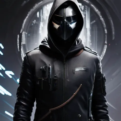 a close up of a person in a hoodedie standing in front of a clock, techwear occultist, dystopian sci-fi character, epic scifi ch...