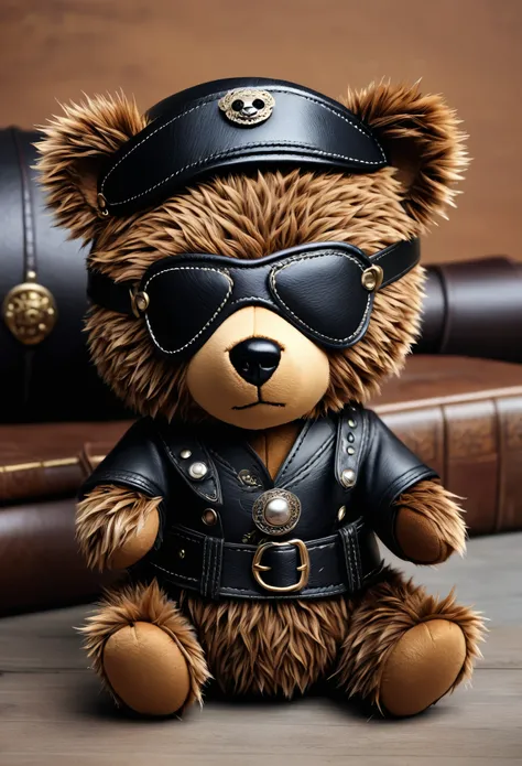 Eye Patch with stuffed bear illustration, black leather eye patch, intricate detailed eye patch, (Masterpiece), (Best Quality), (High Detailes), intricate details,. intricate detail texture,