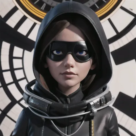 eye mask，a close up of a person in a hoodedie standing in front of a clock, techwear occultist, dystopian sci-fi character, epic...