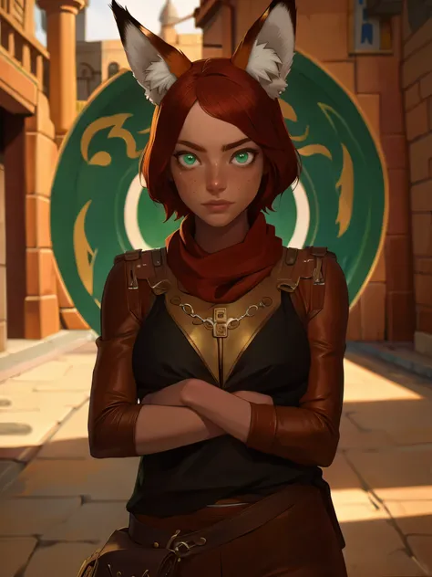 kemono girl, (((fox ears))), Emma Stone, a thief, wearing a tunic, a red shemagh scarf, brown leather pants, | green eyes, red hair, short hair, ((freckles)), parted lips, ((disgusted)), (((rolling eyes))), dynamic pose, in medieval streets, at day, | (8k,...