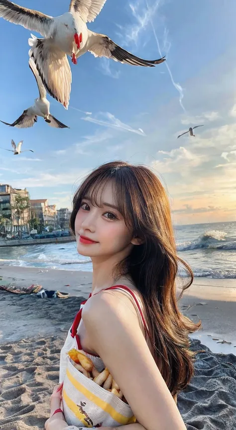 a beautiful woman carrying (french fries) facing the beach, (seagulls flying around), detailed portrait, intricate details, cine...