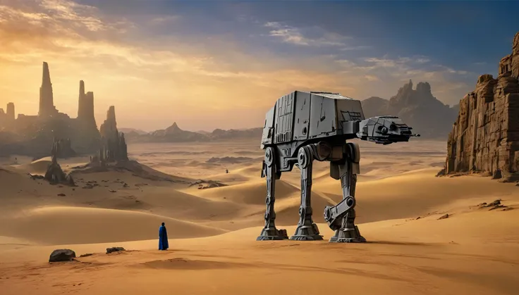 View a vast desert landscape bathed in golden twilight, evoking the iconic Star Wars look. No centro da cena, a Jedi in a flowing cape stands silhouetted against the orange sky, your glowing blue lightsaber in your hand, pronto para enfrentar qualquer desa...