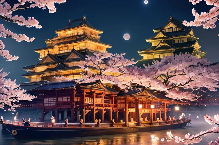 Absurd,High resolution,Super detailed,(Accurate and unparalleled illustrations:1.3),(Illuminated night cherry blossoms:1.3),(A Japanese castle is built on a ship:1.4),Castle of the Japan in motion,(Water transportation:1.2),(full moon:1.3),(Autumn leaves a...