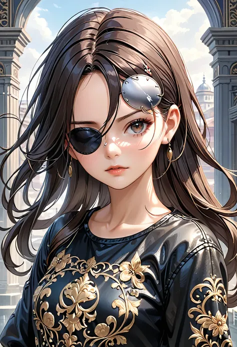 illustration of a girl with Eyepatch, (single eyepatch:1.5), black leather single eye patch, intricate detailed eye patch, (Masterpiece), (Best Quality), (High Detailes), intricate details,. intricate detail texture