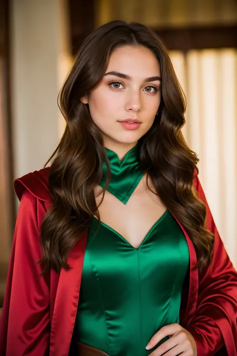 25 year old girl. Light brown hair at shoulder length, light green eyes, normal eyebrows, round and upturned nose. Dressed in a costume like that of the Scarlet Witch but green 