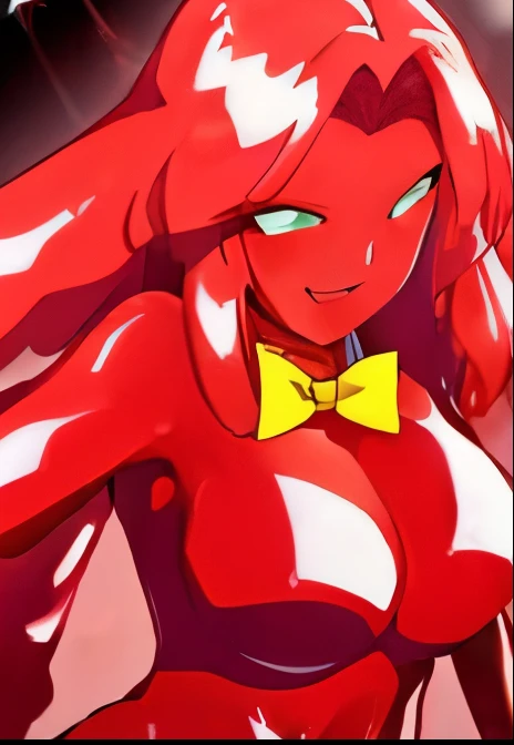 (masterpiece,highest quality,Very delicate,Perfect Face,8k), Red Slime Body, Green Eyes, Yellow bow tie,jamanen:1.3,(Melting legs, Dissolves hair) ,Big Breasts,Long Hair,Shaking body,Shiny body,Muddy background,smiling,full body