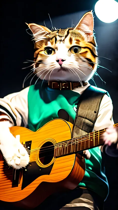 A cat is standing, wearing a leather jacket, holding a guitar and playing on stage,