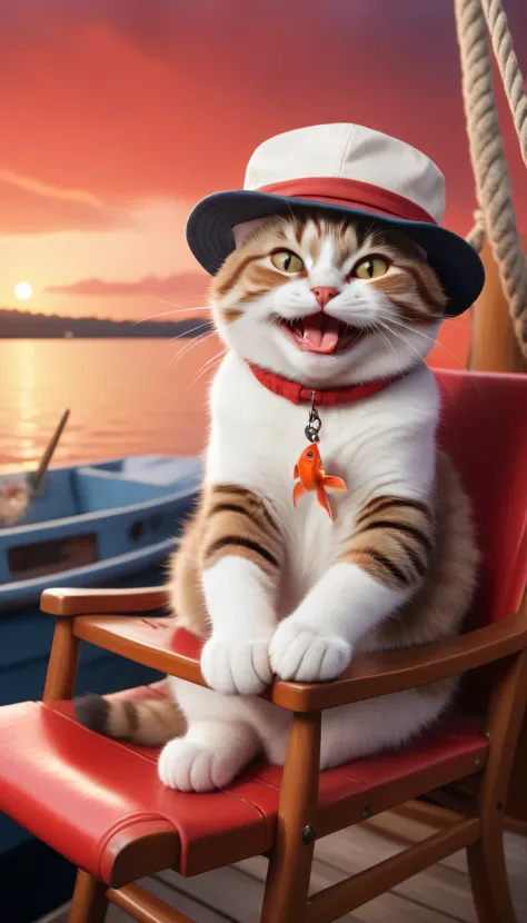 Photorealistic image of a happy cat eating a fish on a boat, Red Sky, cat is wearing a hat, Sitting in a chair