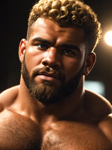 extreme close-up, close-up on face, solo, black male, 24yo strongman, confident, beefy, (curly blonde, hairy, hirsute), romantic...