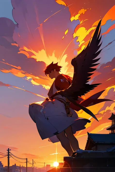 Man, behind, firebird, town, sunset, ryu.