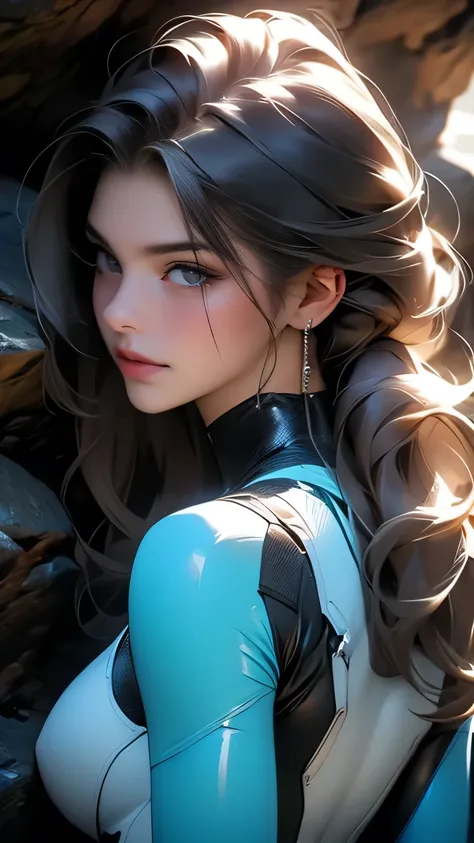 (Very detailed),8k,wallpaper,Studio Lighting,Ultra-fine painting,Narrow your focus,Physically Based Rendering,1 female,Mature Woman,Beautiful Hair,Beautiful Skin,Shiny skin,Beautiful Hands,Fine hand,(Black latex bodysuit with blue lines),(((Better Hands)))...